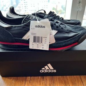 Classic original Adidas SL 72s, never worn! Black with white stripes/red piping.